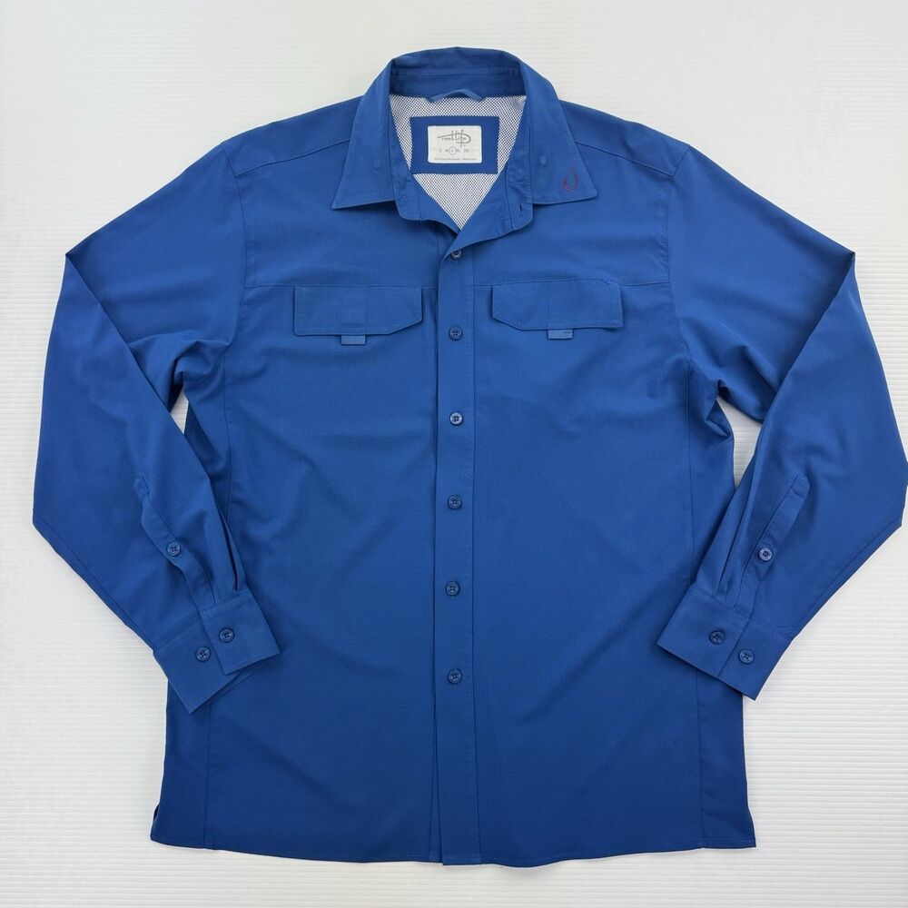Reel Life Blue Fishing Shirt Mens L Vented Performance Long Sleeve Button Up